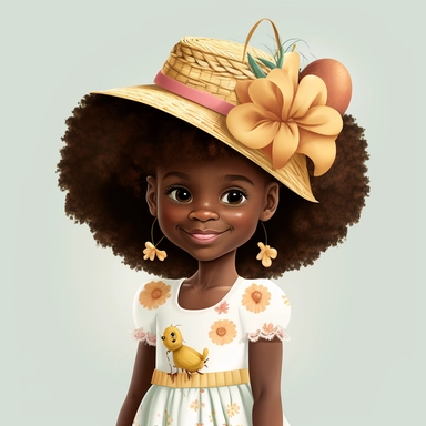 Happy Black Girl Smiling on Easter Sunday , Wearing a Easter hat , standing , walking, Carring easter basket , Easter art, funny black girls clipart, Funny black girl , Frilly Easter Dress , Ribbiobs in Hair Cheerful african american girl child png, clipart, afro ,Full body with legs , Cottage core , Love shack Fancy, Highly detailed close-up portrait , standing , Nicoletta Ceccoli, Mark Ryden, lostfish, Earl Nor, global lighting, divine rays, detailed and intricate surroundings, sf, intricate a
