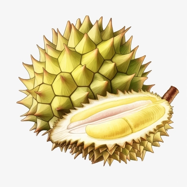 Watercolor: Durian ，png Full body realistic cartoon 32k UHD cute. 15 cm thick outline.White background. There was no shadow on the ground. with realistic watercolors and detailed illustrations. Cartoon, PNG clipart, transparent white background