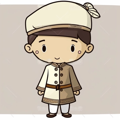 a boy, simple, traditional costume, local food, and animal,educational, history, and cultural diversity, clipart style, cute, picture book style, captivating, kid friendly cute character, black and white, coloring book, not color style, cartoon style, vector image, simple, line art style, character, white background