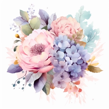 watercolor floral clipart free, filled with hydrangea, carnations and roses, in the style of realistic usage of light and color, in the style of soft pastel watercolors, harmonious composition, soft pastel colors, mauve, pink, and baby blues, soft focus romanticism, decorative paintings, large canvas sizes, colorful patchwork, eye-catching composition, dense composition, high resolution