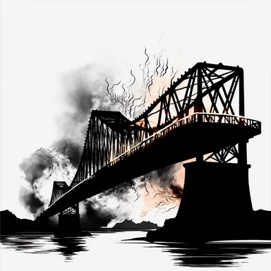 bridge on fire, black and white clipart