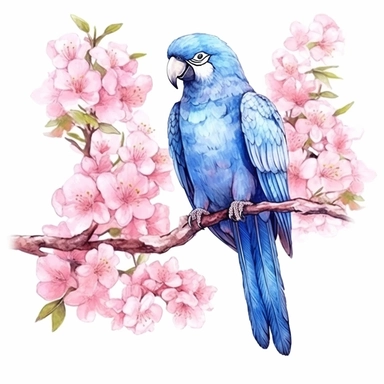 Hyacinth Macaw sits on a sakura branch on a white background, illustration in watercolor style, drawing done in professional glazing technique, expressive details, realistic drawing technique, saturated colors, harmony with nature, pronounced contours, clipart, a masterpiece, white background