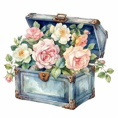 Empty open old blue/green pattern chest full of breathtaking english roses in pastel combo, clip art with white background,by ann buccarelli ,watercolor, white all around the chest, background ,watercolour, insanely detailed, on white background, amazing colour combo, with detailed watercolor blooms of spring garden flowers white/ pink/ green, bec winnel, intricately textured, close up, walter Langley, lucy grossmith, heavy impasto technique, detailed shading, atmospheric watercolours, on white 
