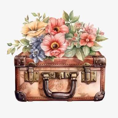 Vintage Luggage, vintage, flowers, watercolor, retro, clipart, white background