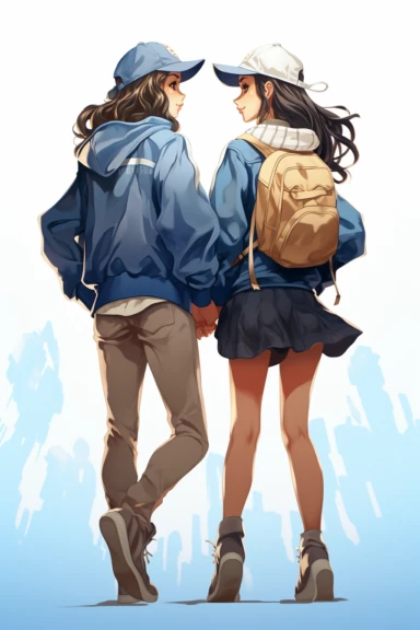 two fullbody women on their backs looking forward , wearing blue short, baseball hat and jackets, clipart