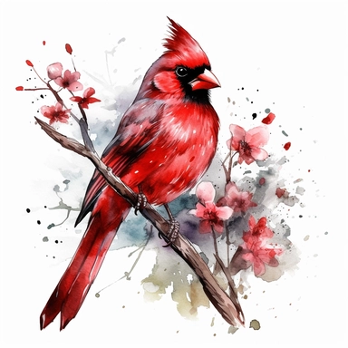 watercolor style, red cardinal sitting on a branch clipart, isolated on white background, hd