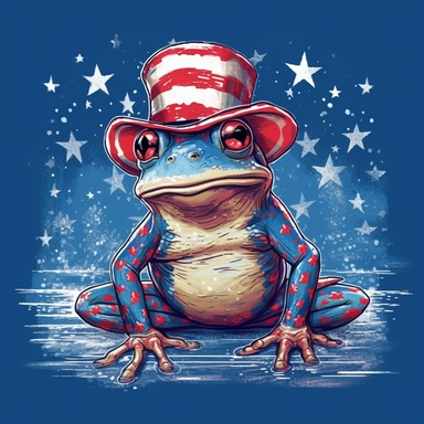 isolated flat clipart on a white background of a cute Fourth of July themed frog with stars on a blue background and red horizontal stripes tshirt design graphic, in the style of daniel f. gerhartz, transcendent, nikon d850, art of burma, captures the essence of nature, in the style of organic forms and patterns, expansive skies, hyper-detailed illustrations, i can't believe how beautiful this is, lively colors