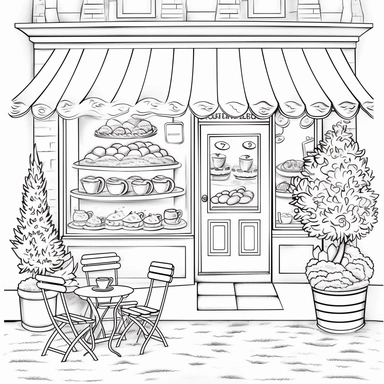 coloring book page, bakery windows,clipart,image of cute bakery,coffee shop,simple and cute,tree on side,bench infront,with awning,for watercolor painting,clean and simple line art for decorative painting