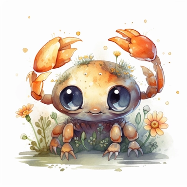 a moving baby crab with cute big eyes, happy smiling face, cute animal, adorable, playful atitude, astrology, adorable watercolor animal clipart with a few plant and flowers decor, no background, high quality very sharp with clear focus