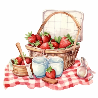 watercolour strawberry Gingham summer picnic clipart, white background, no text
