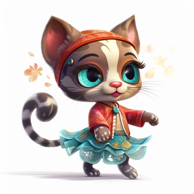 Funny dancing cat clipart on a white background, chibi and real style, masterpiece, realistic photography, colorful background, detailed, intricate details, rich colors, realistic style