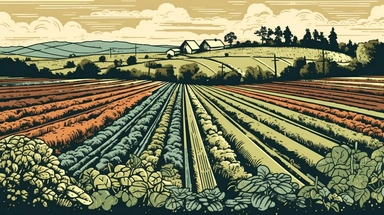 in clipart style, pen and ink, minimalist, in the style of Eric Carle, You find yourself standing in the middle of a vast, sun-drenched farm. All around you, fields stretch as far as the eye can see, each one bursting with crops ready for harvest. The air is filled with the sweet, earthy scent of freshly tilled soil and the sound of birds chirping in the trees overhead.
