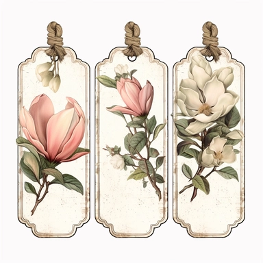 victorian number tags, clipart, isolated, with boquet of magnolia flower and delicate vines