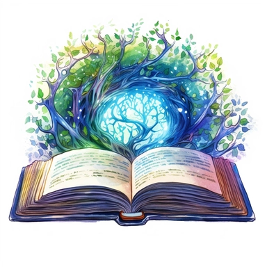 Solid white background, Detailed watercolor open ancient magic book that is encased in enchanted vines that form an alter for the open book to sit, greenblue northern lights glow from the book's pages, clipart. The visable pages of the book have sketched magic circles on them visibly
