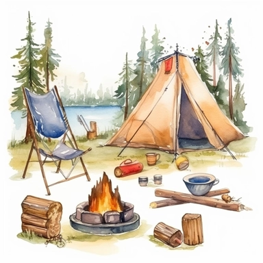 create a hand drawn watercolor clipart depicting scenes of campsites with tents, campfires, trees, and other camping-related elements, white background, 4k