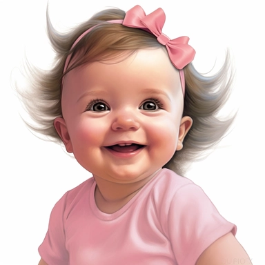 Adorable, cute, caucasian, baby girl, happy, smiling, wearing a pink shirt and a pink satin ribbon in her hair, extreme focus, professional artists rendition, no text, no logo, no name, no letters, Highly Detailed, clip art, white background, smooth edges