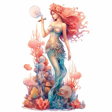 beautiful rich sea mermaid on corals full body with mermaid fish tale, sea stars, sea shells, super high quality, high resolution, oil painting clipart, natural colors, isolated white background, 8k