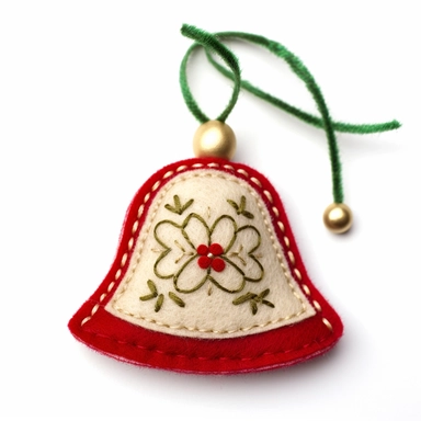 christmas bell clip art made of felt with stitches around, on a white background, well defined edges, source light comes from the front