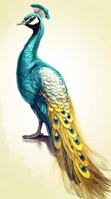 A stunning rendition of Canary yellow, Slate gray, Denim blue peacock made of intricate details, hyperrealistic, whimsical, octane render, very colorful, vibrant, cinematic, ornate, watercolor style clipart