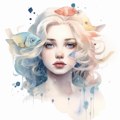 Cute zodiac sign Pisces, Pisces portrait, seashell in hair, pastel colors, white background, fashion illustration, watercolor splash, clipart, by Jack Hughes