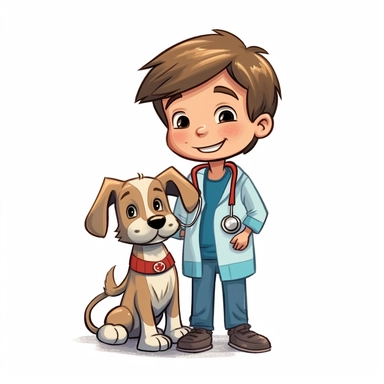 cartoon full body vet/animal doctor with dog as a cute smiling toddler, heavy lines, clip art, soft colours