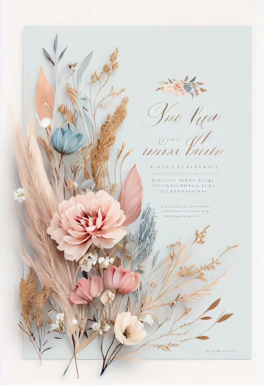 beautiful, intricate, sharp focus, light blue, tan, and pink flowers, boho wedding invitation with white fluffy tail flowers, dried grasses, show entire invitation, no border, clipart, on white background, flat lay, extreme detail, wedding invitation,