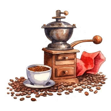 A classic coffee grinder next to a pile of freshly ground beans clipart, white background, watercolor drawing