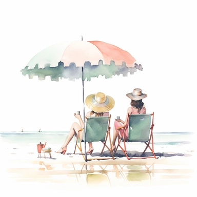 A beach scene with colorful umbrellas and lounge chairs, representing a relaxing getaway, pastel colors, white background, watercolor splash, fashion illustration, clipart, by Jack Hughes