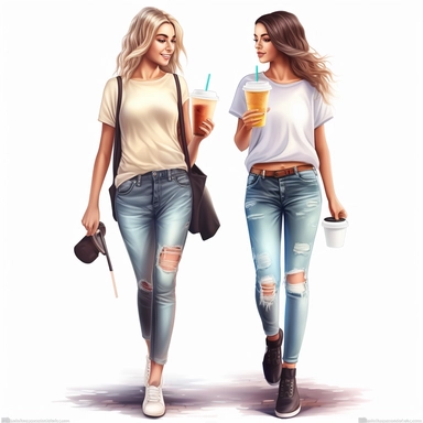 clipart, hyper realistic, 2 girlfriends walking, each holding a drink, white background