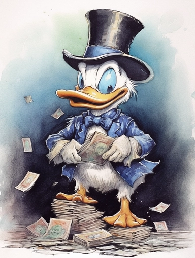 watercolour CLIP ART, Colourful Fantasy,clear black background,Donald duck seems very rich having cigar in his mouth and sitting on money and wearing a giant hat and boots,--v 4