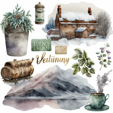 january clipart elements, watercolor, cold, england