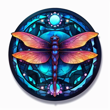 a stained glass glowing dragonfly with glowing lights on the wings, delicate detail, manhwa character design, in the style of artgerm, 2d game art, quadratura, clipart, on white blackground, circular shape,