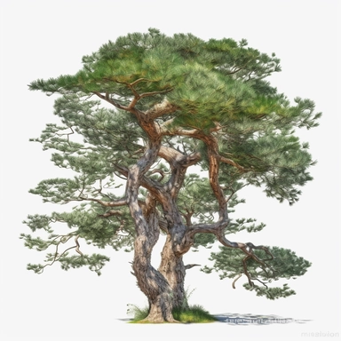 watercolor clipart of Scots pine tree, white background, white vines, 4k, octane render, detailed, hyper-realistic, cinematic, photography by Joel Meyerowitz, Roger deakins, Slim Aarons, Craig Mullens, artstation