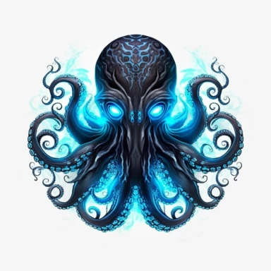 a glowing tribal Octopus with blue lights on his eyes, tribal animals, in the style of manhwa character design, master of shadows, burned/charred, himalayan art, dark black and light azure, 2d game art, quadratura, clipart, on white blackground