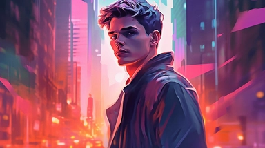 beautiful stunning pretty vintage, futuristic bladerunner style young man, paint art style, clipart, city landscape background, superrealistic, one of a kind