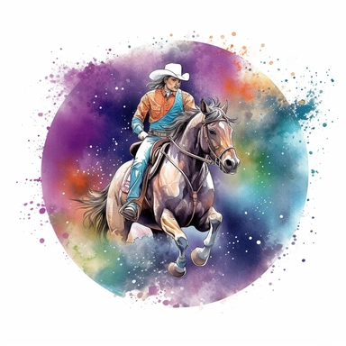 barrel racer illustration, nebular mix background, clipart, photorealistic illustration, watercolor, high detail, 8k polished, 8k, vibrant colors, sticker, majestic, die cut, white background