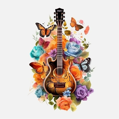 clipart de guitarra española con mariposas y flores, acuarela, 16k, hiper minimalista, megapixel, full color, super detailed,insanely detailed and intricate, ultra detallado