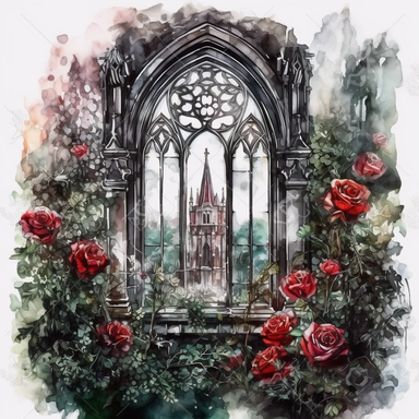 a gothic victorian window, overgrown with very big red and white roses and a lot of green beautifully designed, very clear view on a detailed victorian city, in the style of dark intense colors, oh my god is this beautiful, watercolor, clipart, white background