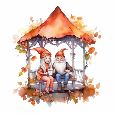 Watercolor magical gnome couple sitting in a gazebo watercolor clipart on white background, vivid colors, enchanting scene clipart on a white background in the style of feminine sticker art, Tanya Shatseva, storybook illustration, red, white and caramel tones, Georgia O'Keeffe, colored line art, colored outlines, cottagecore design, watercolor on white background, crisp tones, sticker outline, colored line art, colored outlines, iridescent ombre, gradient shading, pure tone, vibrant digital art 