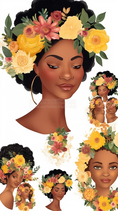 animated clipart bundle african american mother concepts, clipart bundle with beautiful flowers, beautiful faces, beautiful eyes and differential body types and skin tones, harlem Renaissance, Mother's Day White background