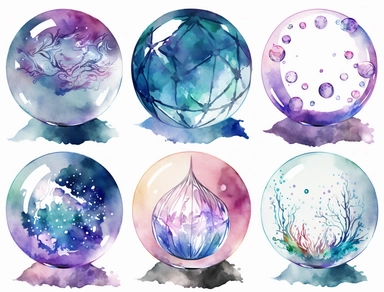 6 magical crystal ball, clipart, deep colours, white background, watercolour illustration style, dreamy, clear border around, 8k, intricate, illustration, detailed , 8k, png