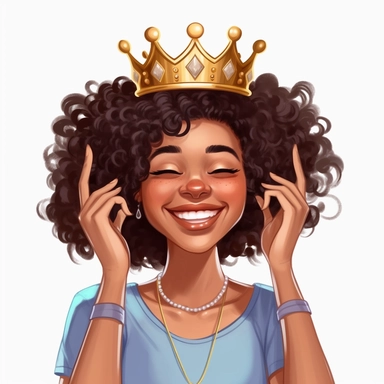 black girl Clipart, fixing her crown, white background, smiling, cartoon
