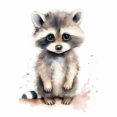 an adorable baby raccoon with kind eyes clipart with watercolor illustration,full body shot,8k,etsy style, white background