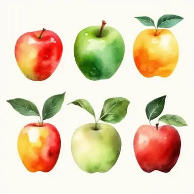 9 apples cut in halves with stem and leaf, watercolor clipart, minimalist, bright colors, isolated white background, 8k — no words mockup
