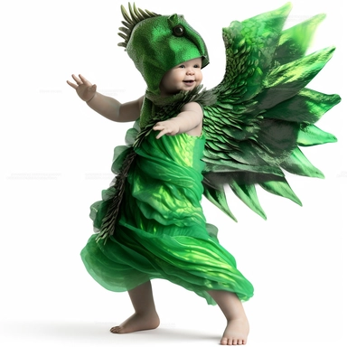 green baby girl Godzilla, looks like an alien, doing high step dance moves, wearing a designer dress made from Phoenix feathers , ultra high fashion, wearing ruby neck scarf, techno lighting, disney cuteness, plain white background, cutout clipart