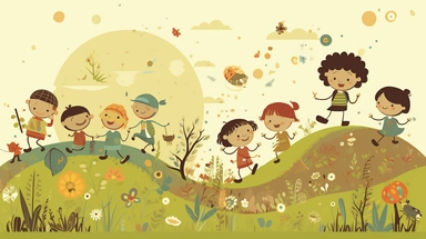 many young children playing outside in greenish nature, imaginative, cute, fun, in the style of Clipart