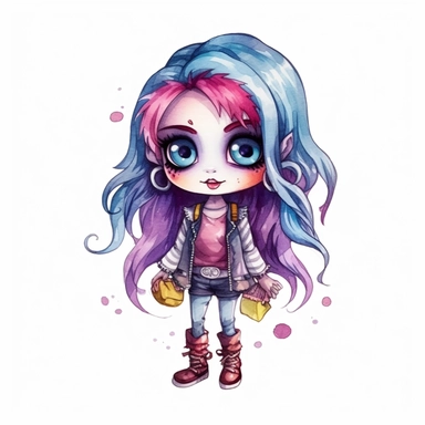 cute Monster High Chibi style girl, Halloween style, white background,clipart watercolor illustration, single object, high definition, white background for removing background