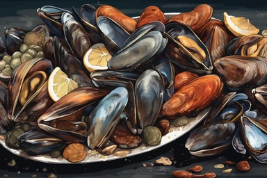 Illustration of seafood including mussels and clams in PNG clipart format. , .highly detailed, + cinematic shot + photo taken by sony + incredibly detailed, sharpen details + highly realistic + professional photography lighting + lightroom + behance photography unsplash