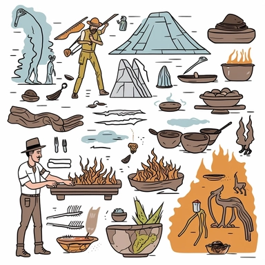 a set of black line clipart inspired by Raiders of the Lost Ark and travel and food and colonialism and David Chang and stolen cultural relics and cooking and grilling and eating and global cuisine and 1980s action figures
