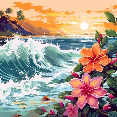 artwork majestic beach in digital painting style , beautiful flowers, sunrise mountains and clouds , big sea waves, water splashes, white background, colorful fantasy flower sorround, highly detailed clean, vector image, photorealistic masterpiece, professional photography, realistic, flat white background, isometric, vibrant vector, clipart, illustration, realism, 4k, , cinematic, front view, white background